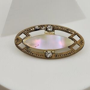 Antique Edwardian Era Gold Tone Brooch With Mother of Pearl and Rhinestones